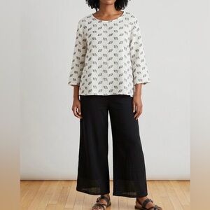 Cut loose gauzy cotton leaf print blouse black white 3/4 sleeve relaxed fit XL